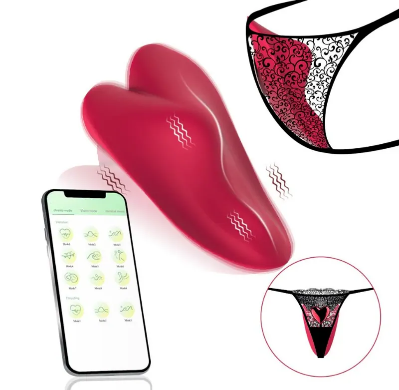 Vibrador vermelho em formato de coração, com o aplicativo no celular